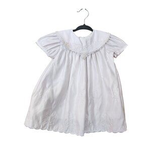 White Infant Christening Dress With Embroidered Crosses & Lace Collar 6-12 Month